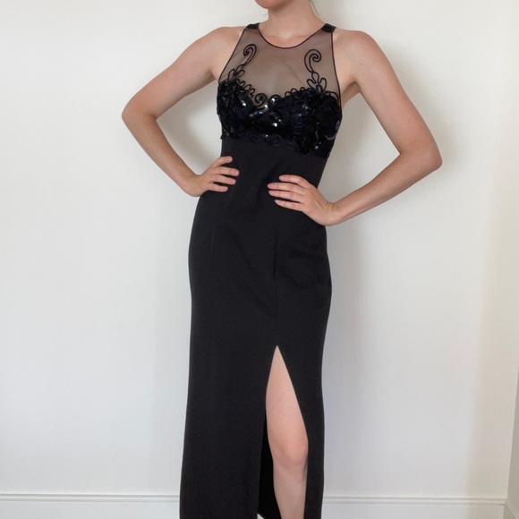 Faviana NY black evening dress / maxi / mesh with sequins - Picture 4 of 12